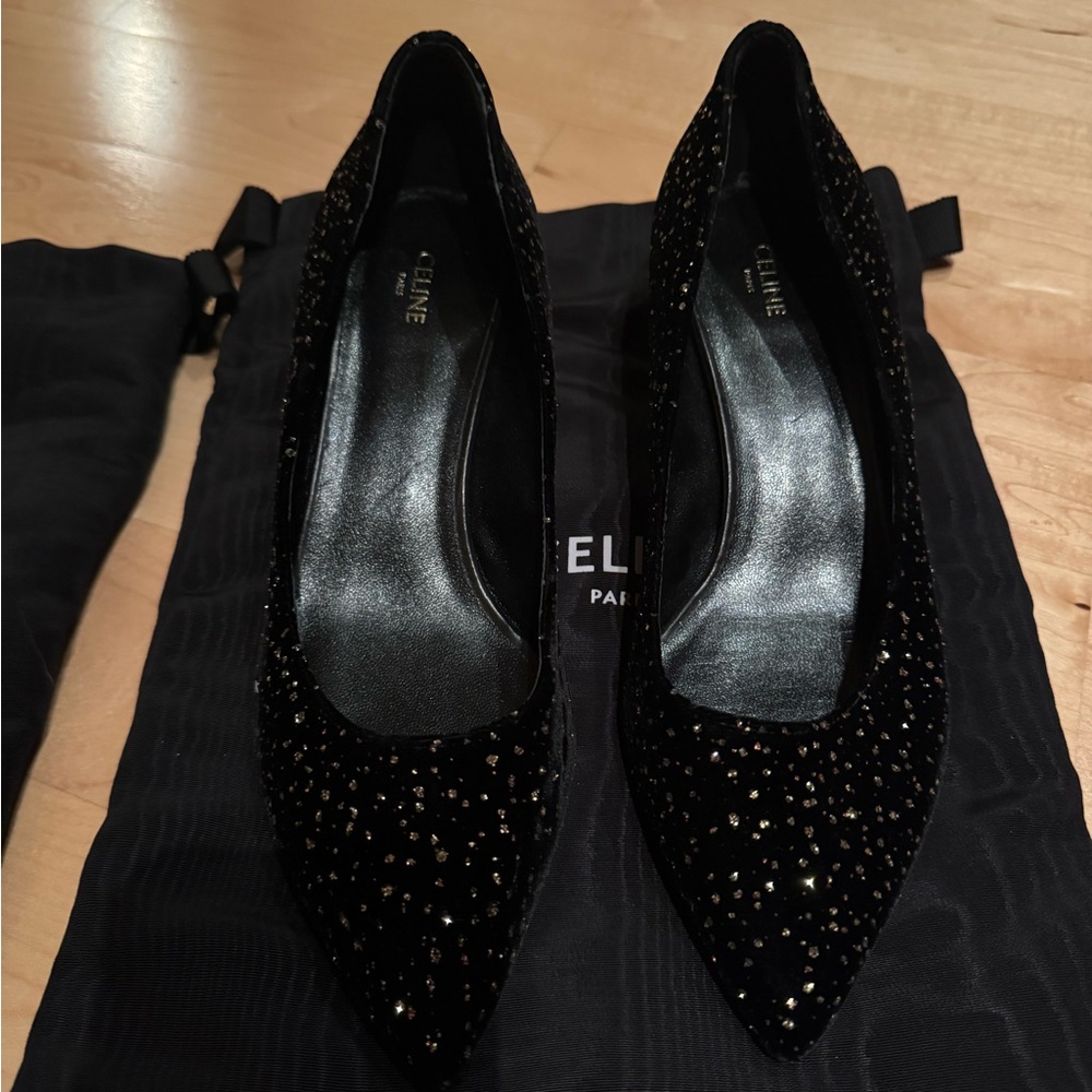 Celine Black Studded Heels with Gold Flecks